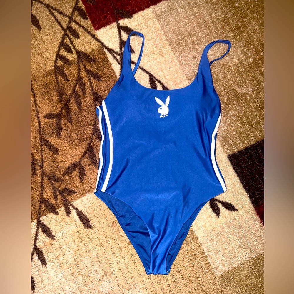 Playboy Blue One-Piece Swimsuit w/ White Piping- NWT